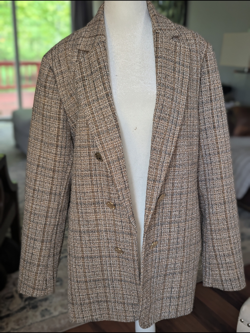 Vince Camuto Womens Brown Tweed Double-Breasted Blazer Jacket